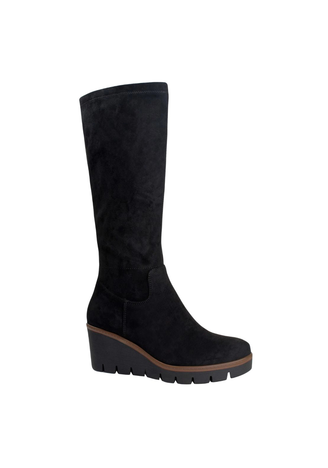 Wedge Knee High Suede Boot - Black