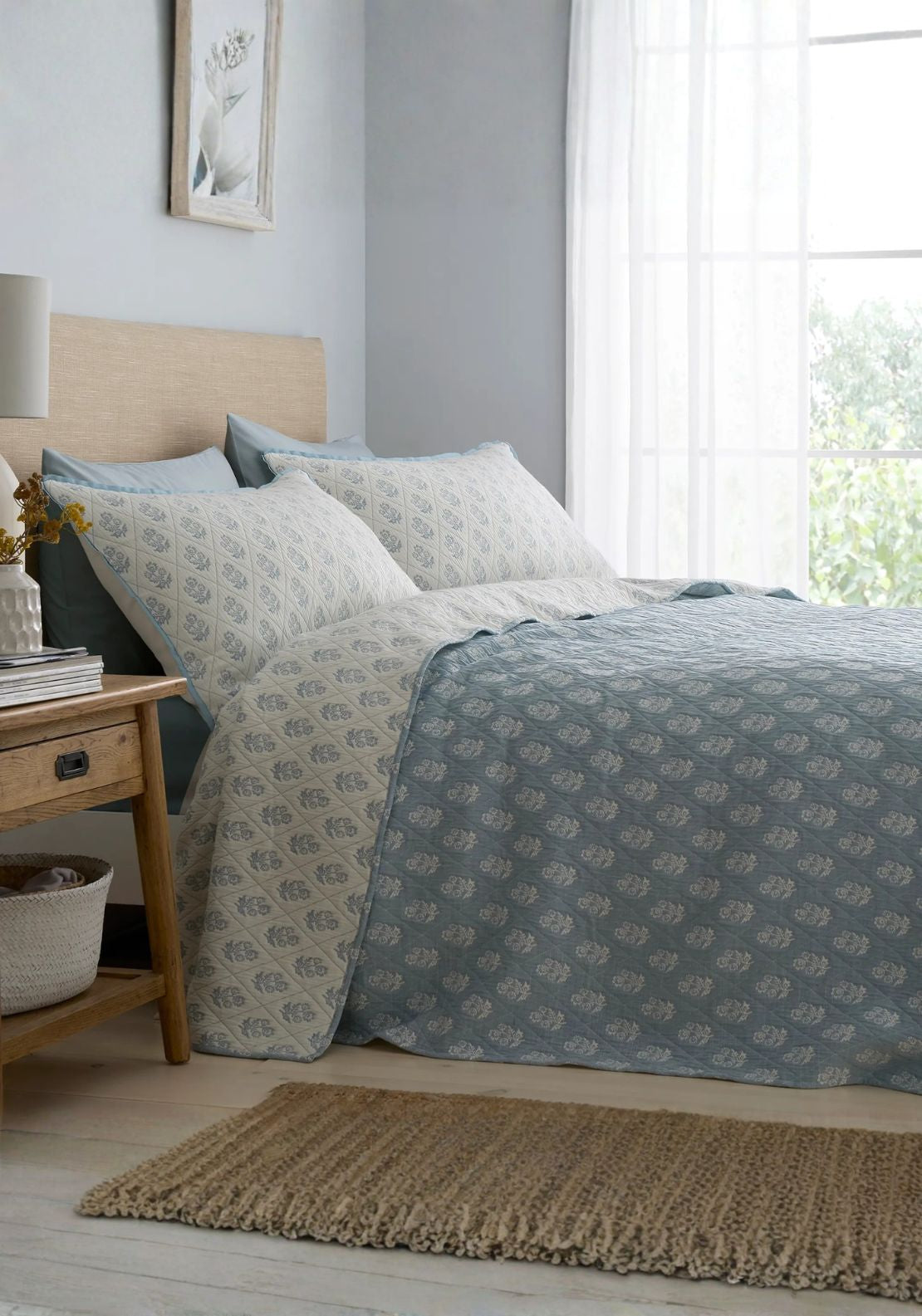 Heather & Ferne Block Floral Bedspread - Blue 1 Shaws Department Stores