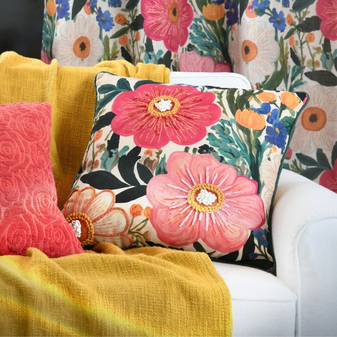 Floral Print Throw Cushion - Multicolore