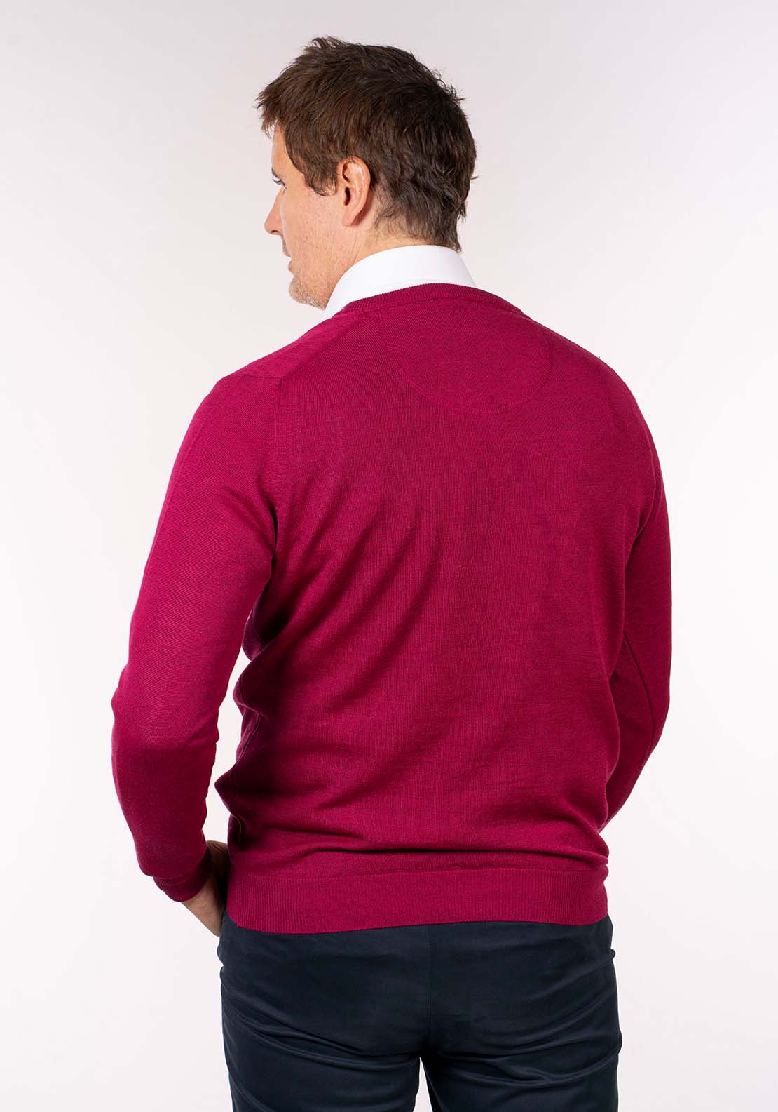 Yeats Mens V-Neck Merino Wool Jumper - Pink 2 Shaws Department Stores