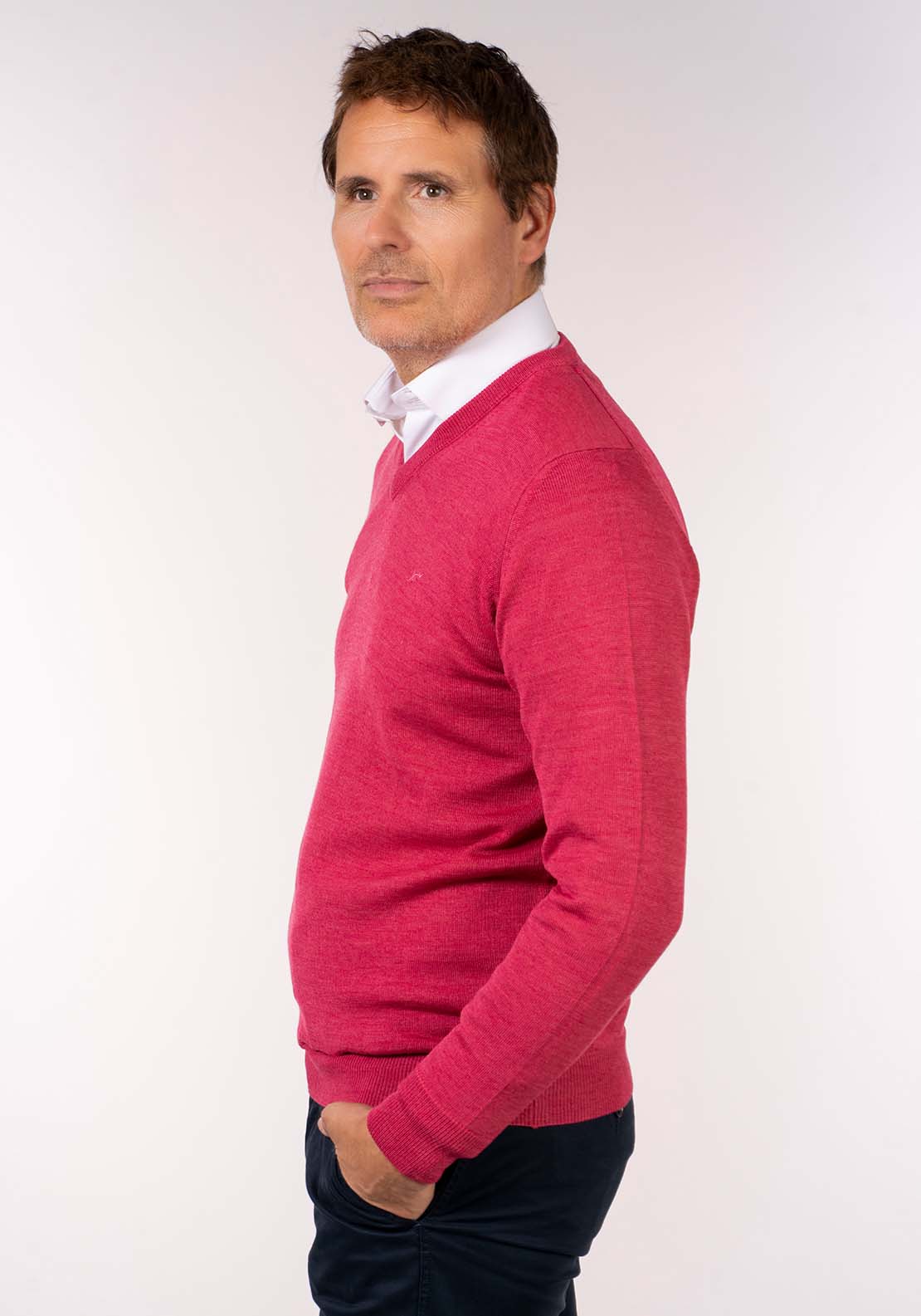 Yeats Mens V-Neck Merino Wool Jumper - Blush 2 Shaws Department Stores