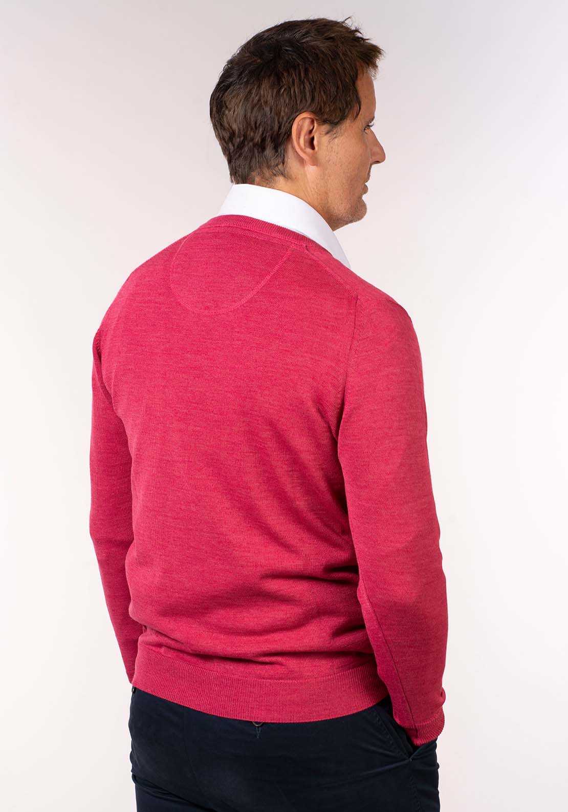 Yeats Mens V-Neck Merino Wool Jumper - Blush 3 Shaws Department Stores