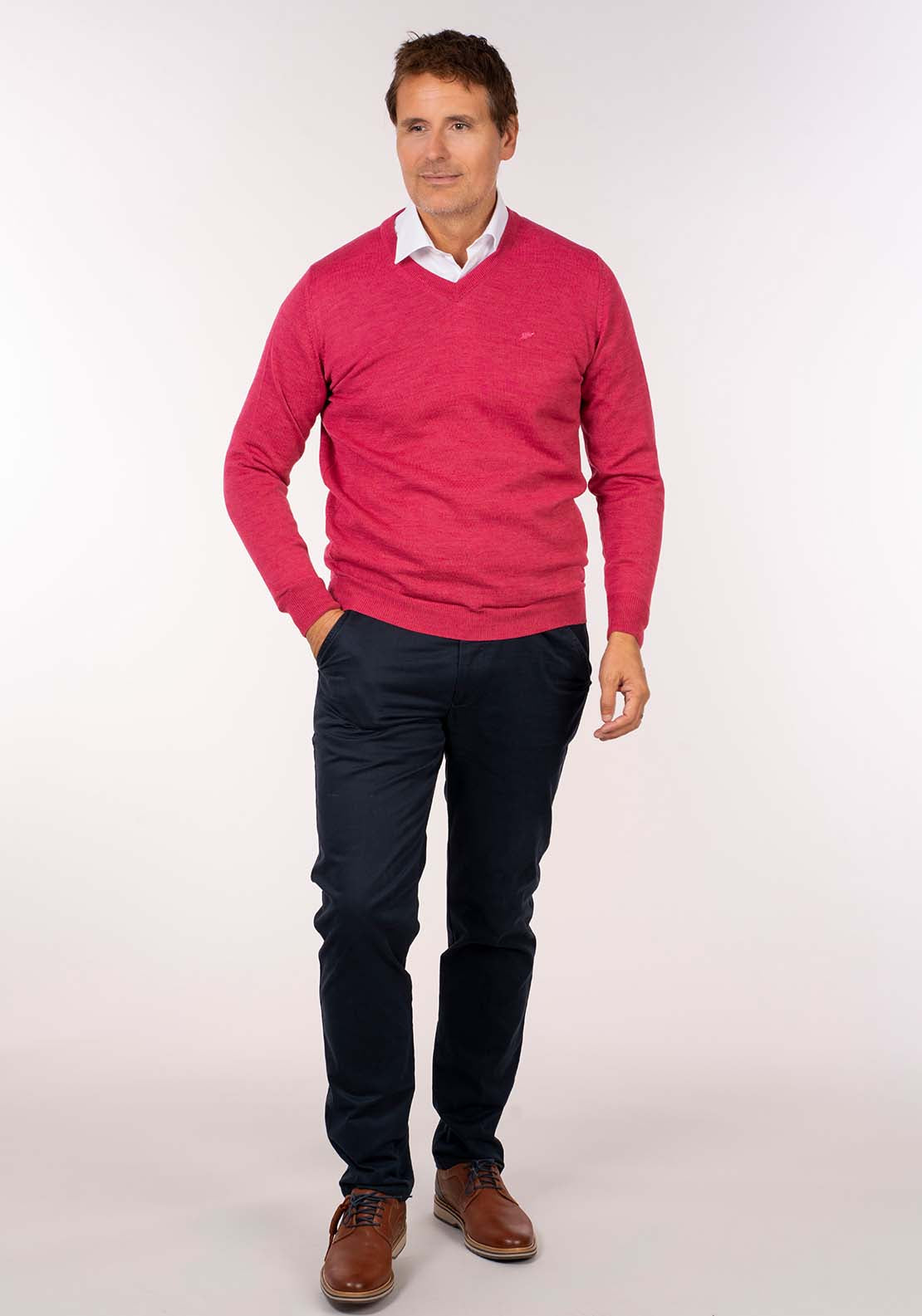 Yeats Mens V-Neck Merino Wool Jumper - Blush 4 Shaws Department Stores