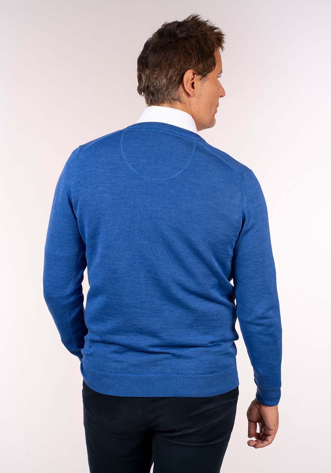 Yeats Mens V-Neck Merino Wool Jumper - Denim 3 Shaws Department Stores