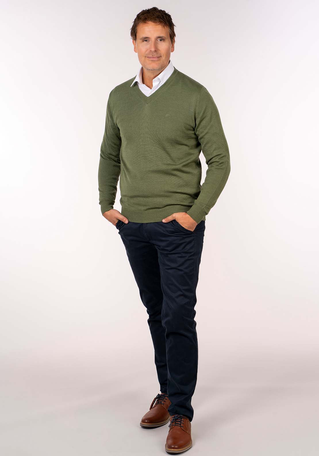 Yeats Mens V-Neck Merino Wool Jumper - Green 3 Shaws Department Stores