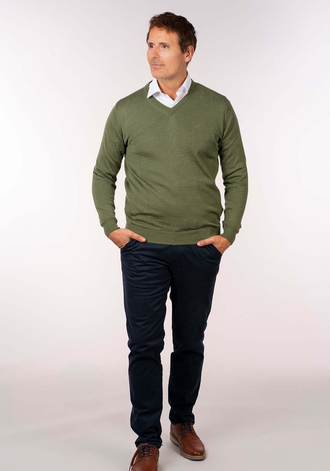 Yeats Mens V-Neck Merino Wool Jumper - Green 1 Shaws Department Stores
