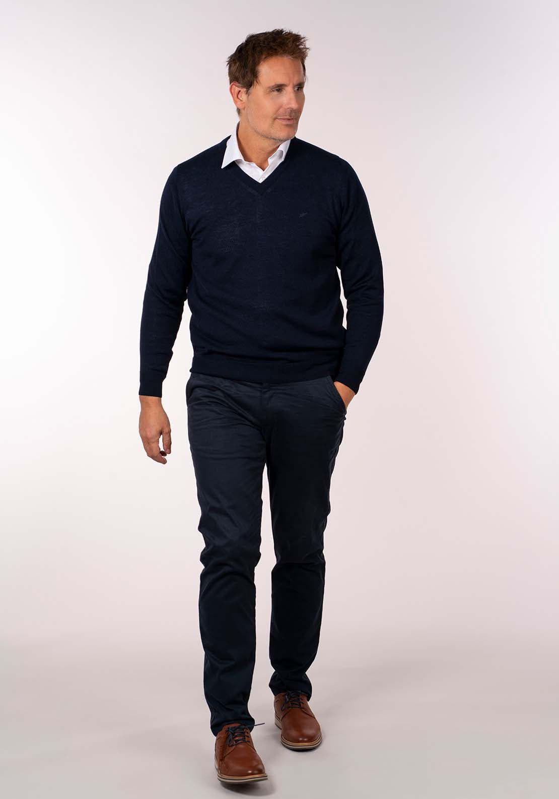 Yeats Mens V-Neck Merino Wool Jumper - Navy 2 Shaws Department Stores
