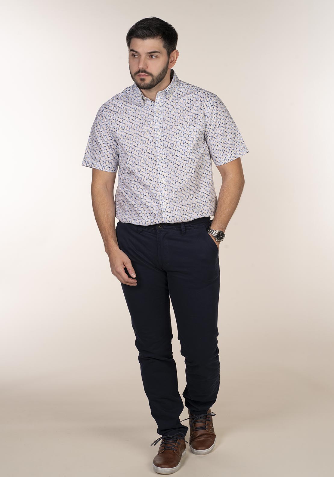 Chris Cayne Short Sleeve Print Shirt - Blue / Beige 2 Shaws Department Stores