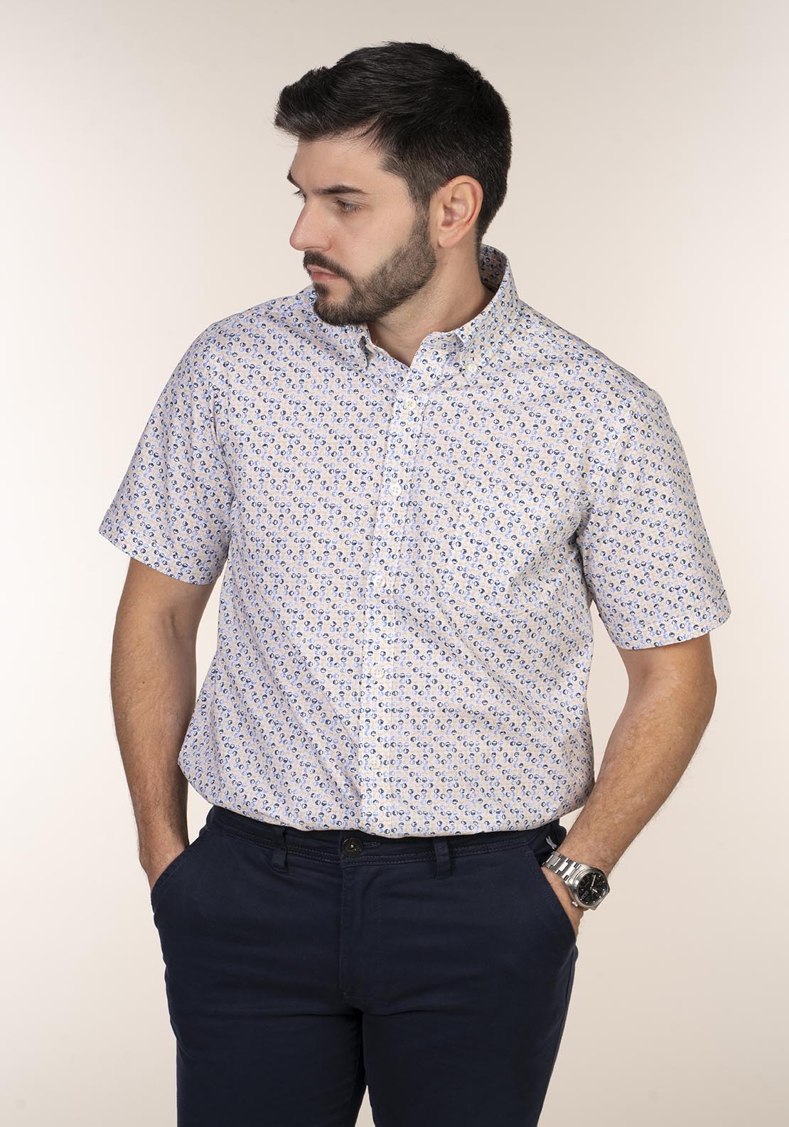 Chris Cayne Short Sleeve Print Shirt - Blue / Beige 1 Shaws Department Stores