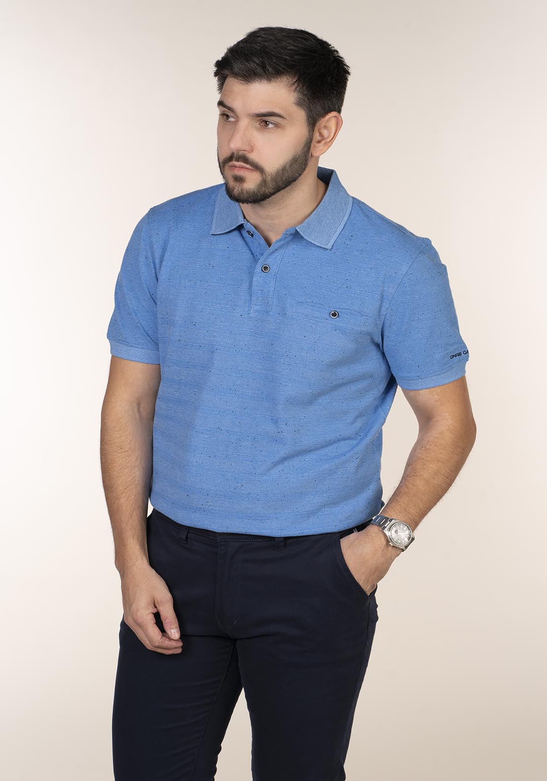 Chris Cayne Short Sleeve Slub Polo - Blue 3 Shaws Department Stores