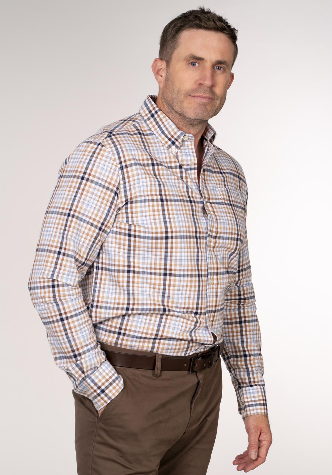 Chris Cayne Long Sleeve Check Shirt - Beige 3 Shaws Department Stores