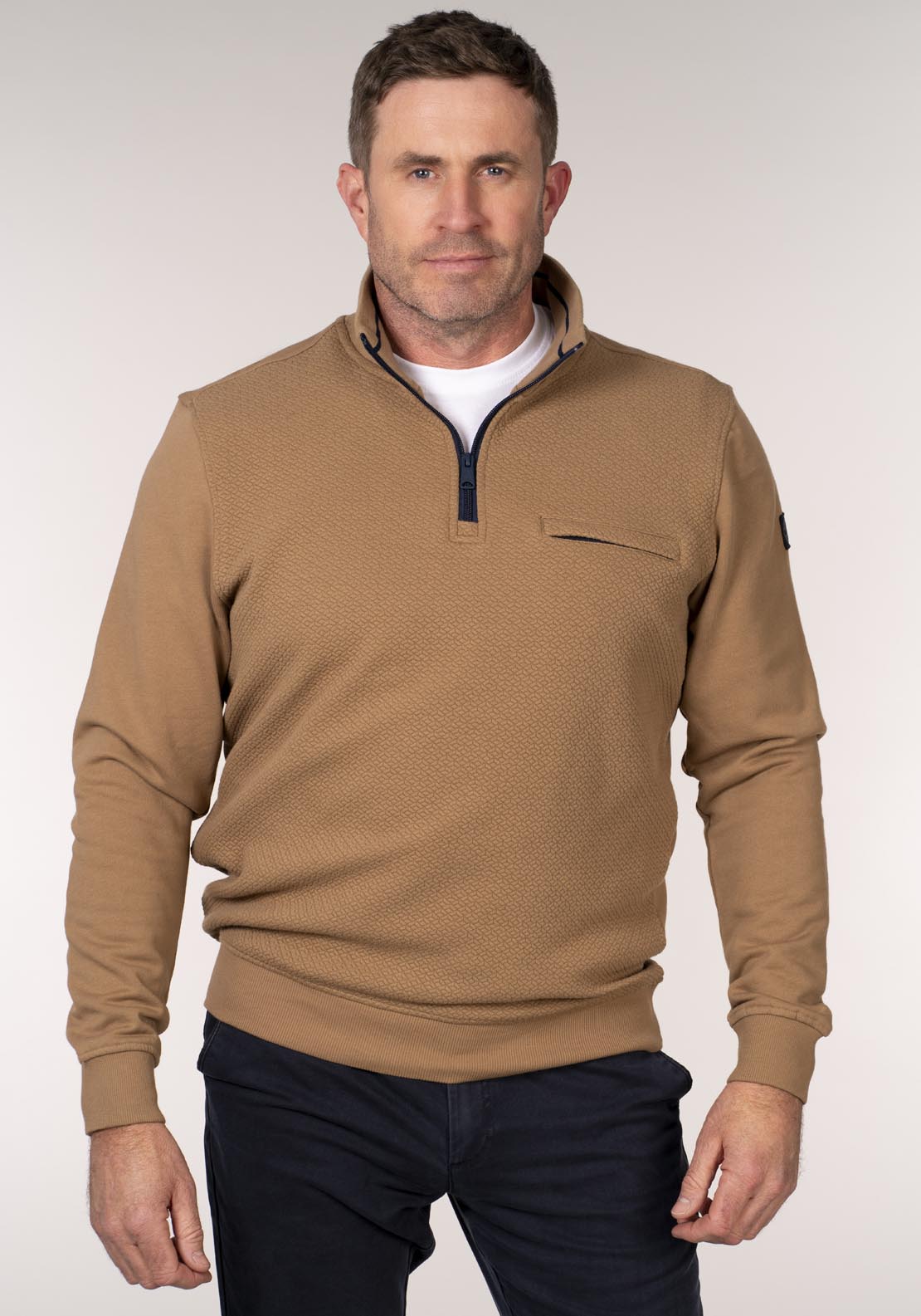 Chris Cayne 1/4 Zip Sweater With Chest Pocket - Camel 1 Shaws Department Stores