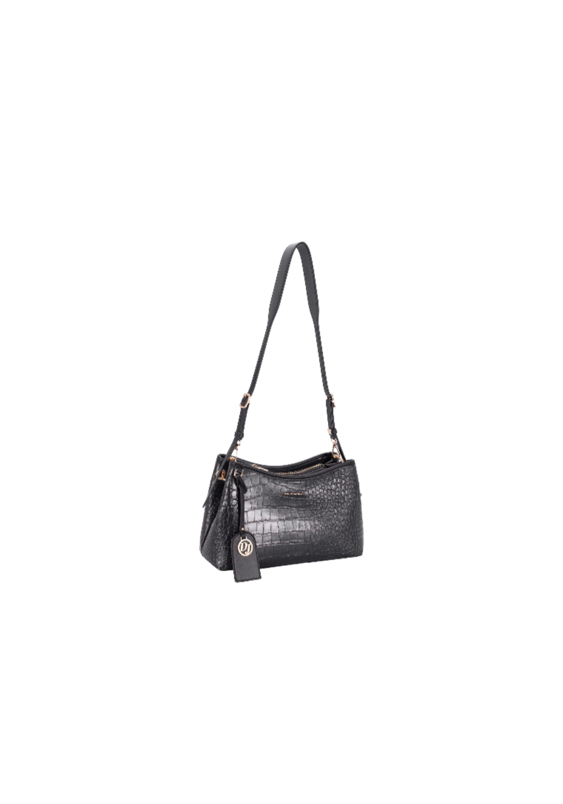 Faux Croc Multi-Pocket Shoulder Bag - Jet Black