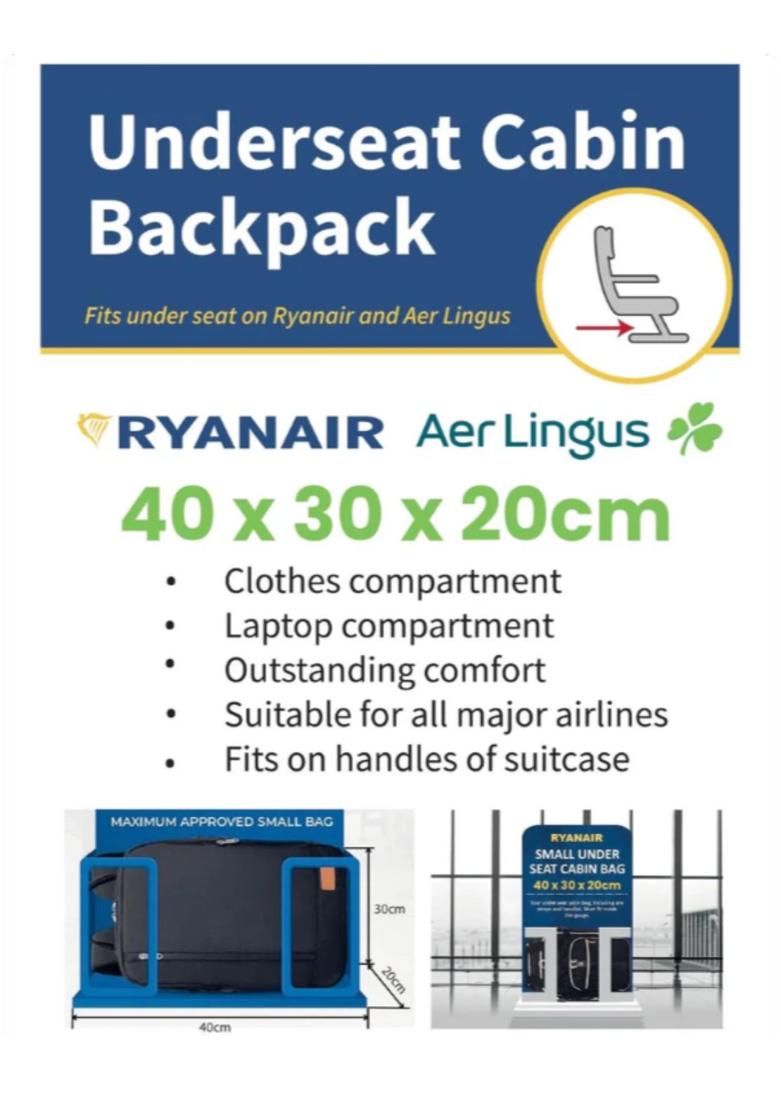Kavanagh Giftware Underseat Cabin Backpack - RYANAIR Aer Lingus 6 Shaws Department Stores