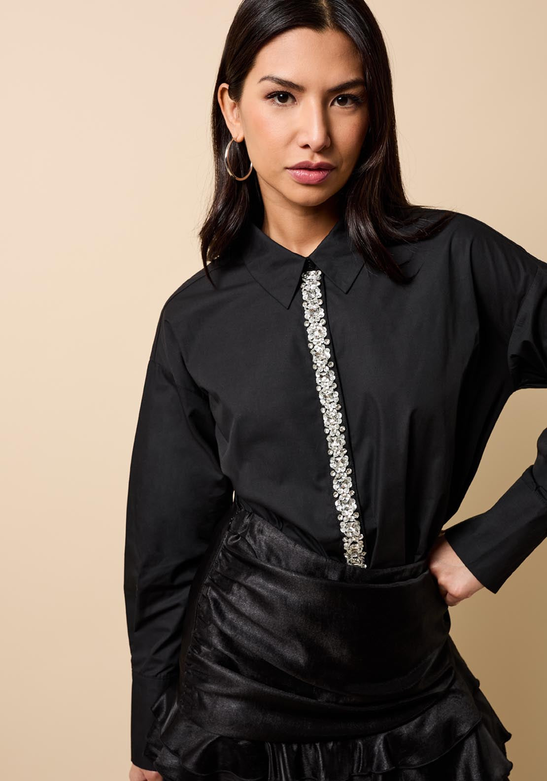 Little Mistress Embellished Trim Detail Shirt - Black 1 Shaws Department Stores