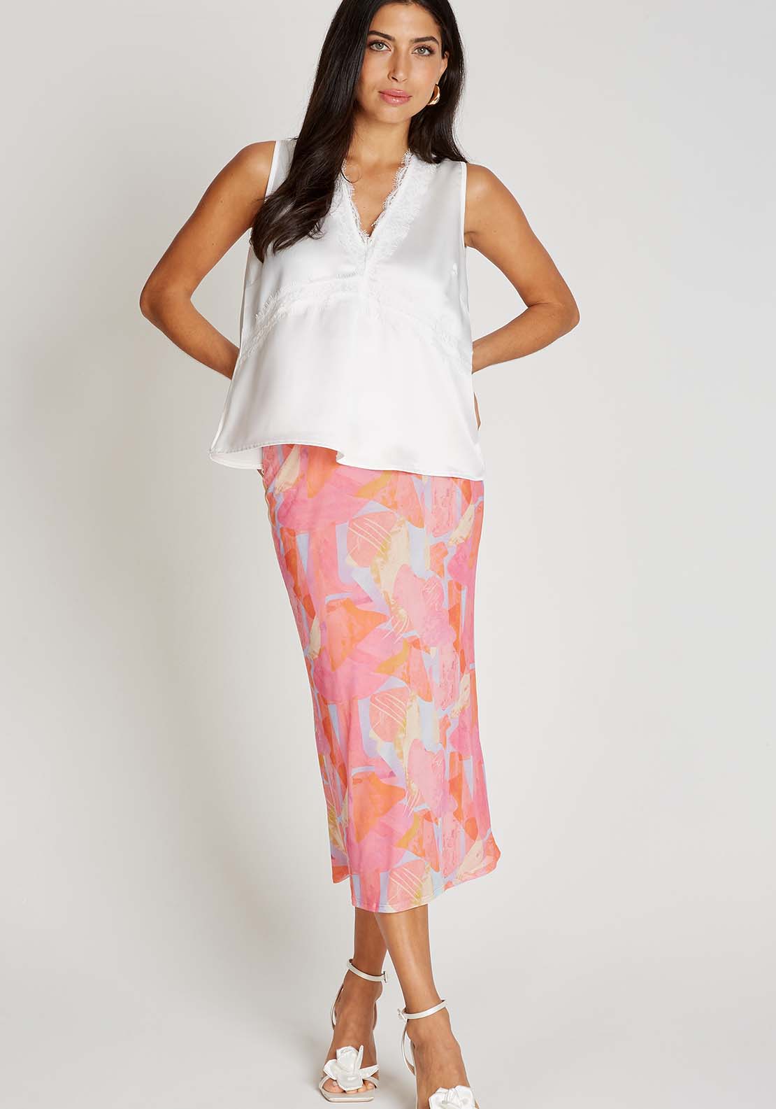 Little Mistress Cream Satin Lace Trim Top - Cream 1 Shaws Department Stores