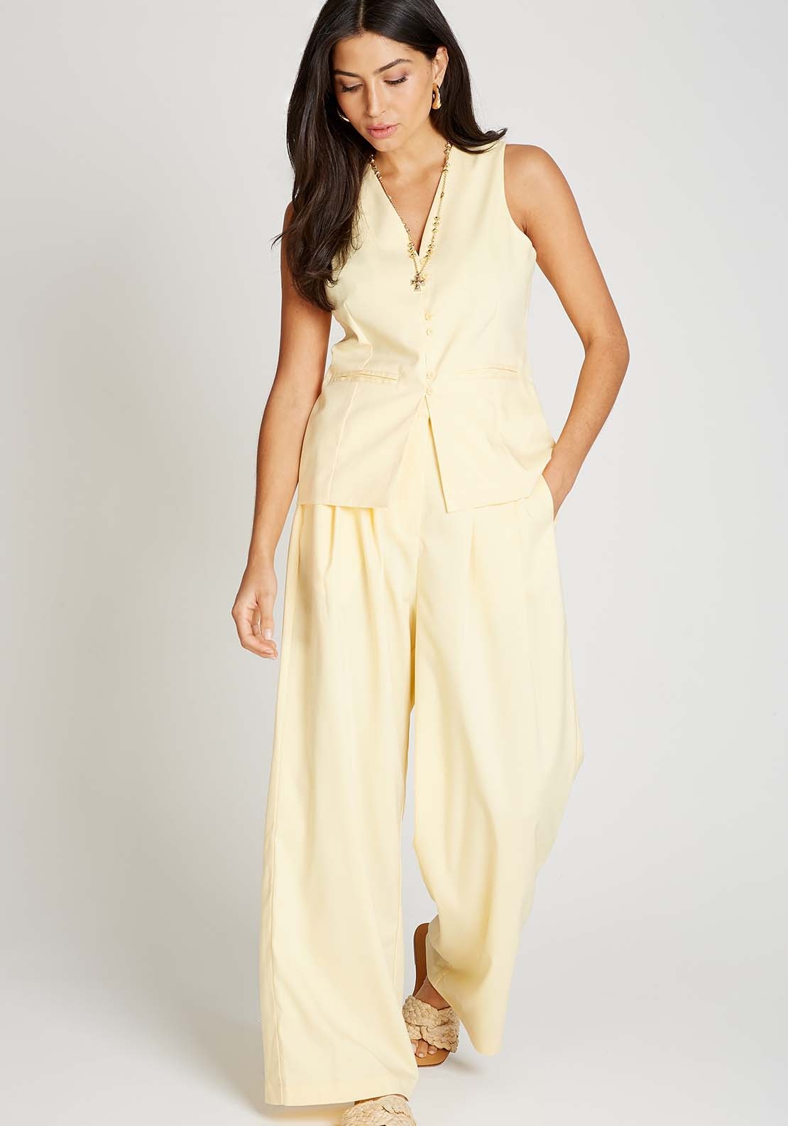 Little Mistress Butter Yellow Wide Leg Trousers - Butter Yellow 4 Shaws Department Stores
