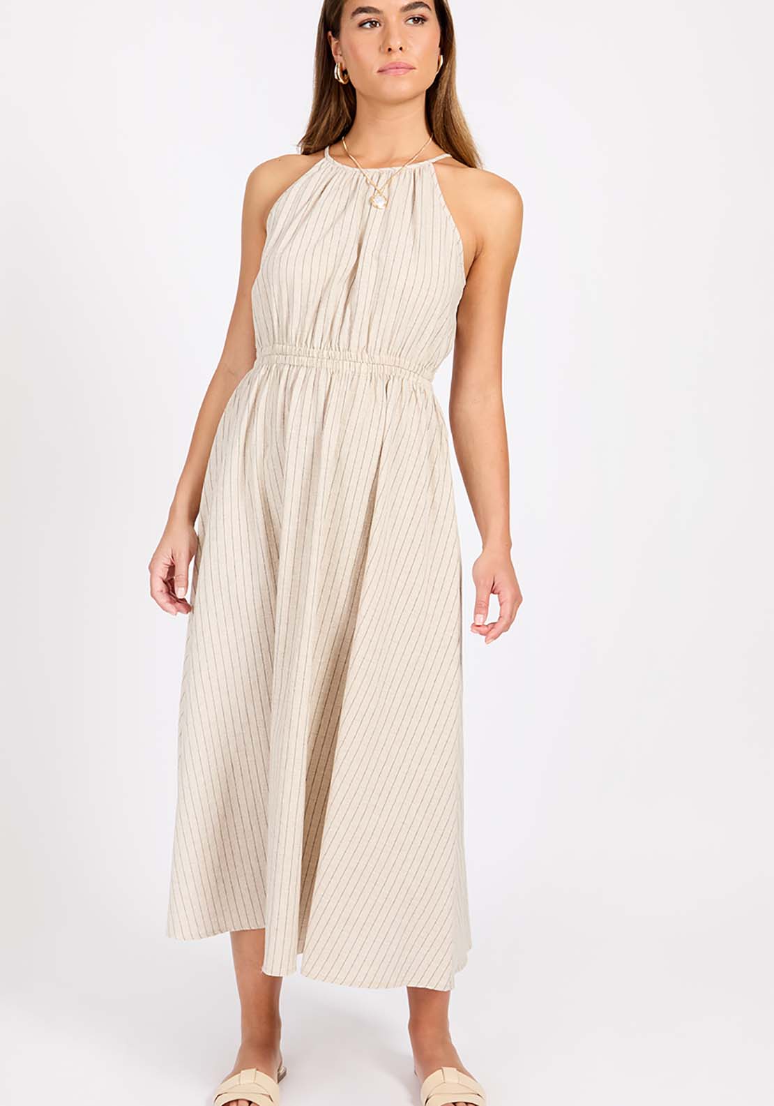Little Mistress Striped Linen Midaxi Dress - Oatmeal 1 Shaws Department Stores