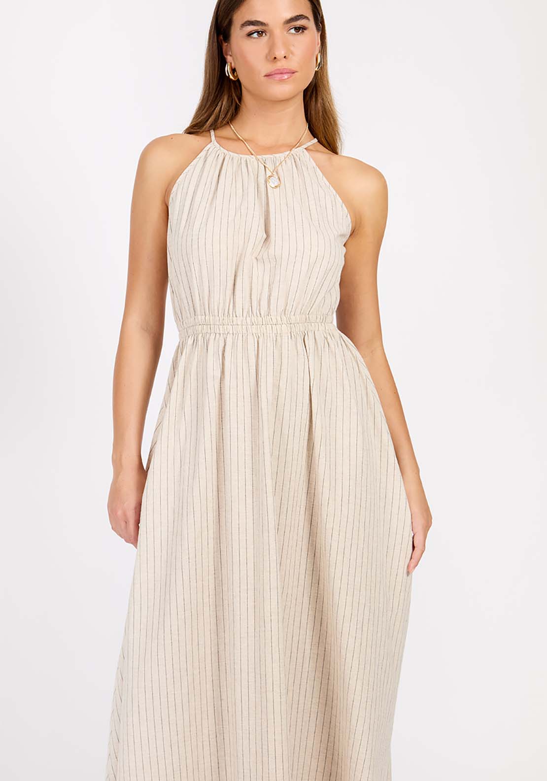Little Mistress Striped Linen Midaxi Dress - Oatmeal 2 Shaws Department Stores