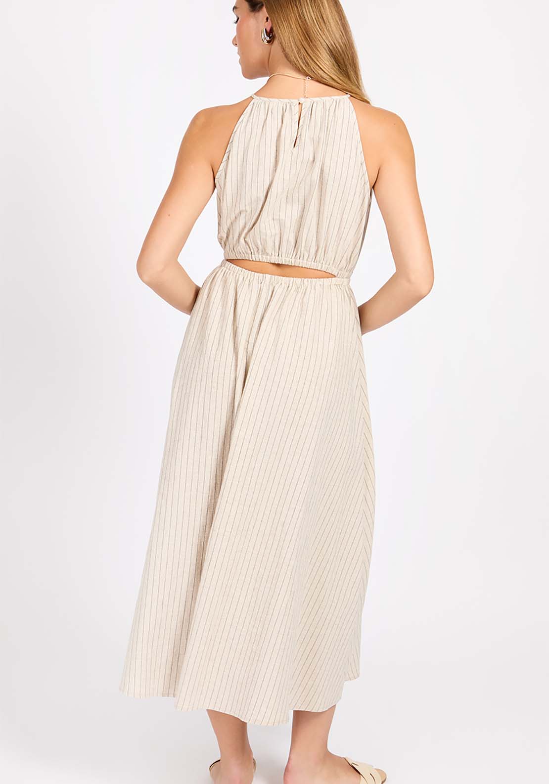 Little Mistress Striped Linen Midaxi Dress - Oatmeal 4 Shaws Department Stores