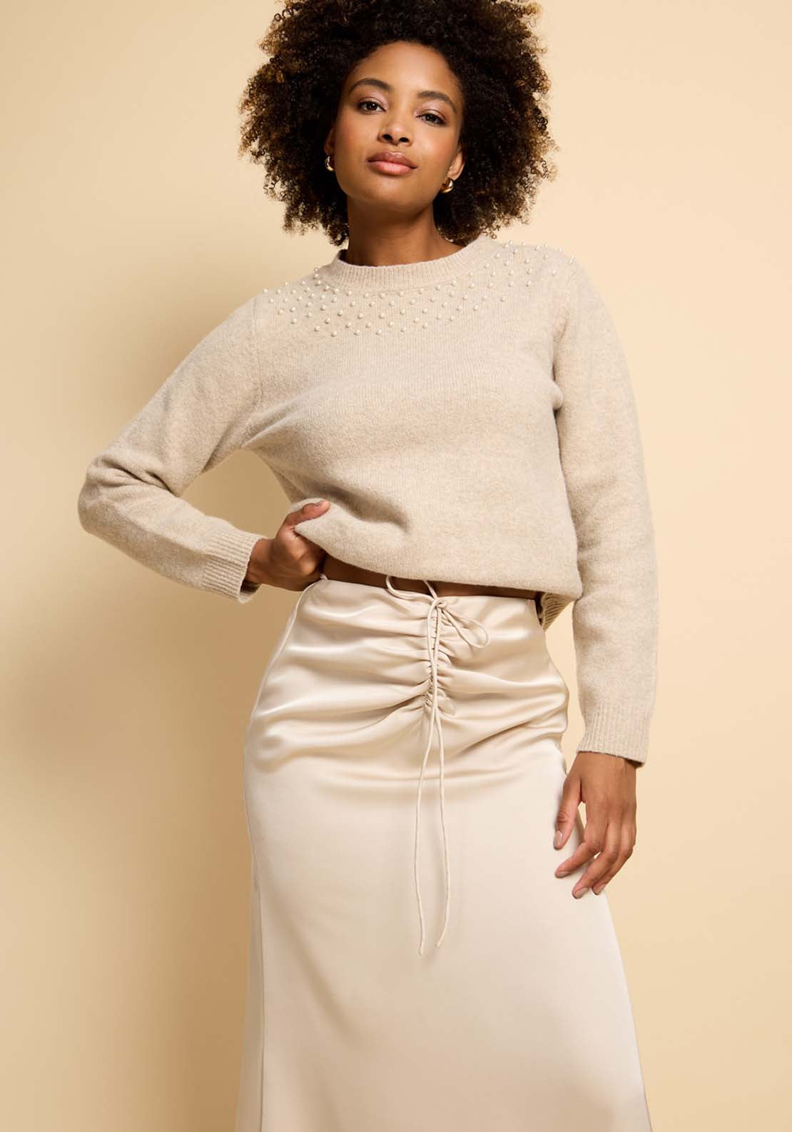 Gathered Detail Satin Midi Skirt - Natural