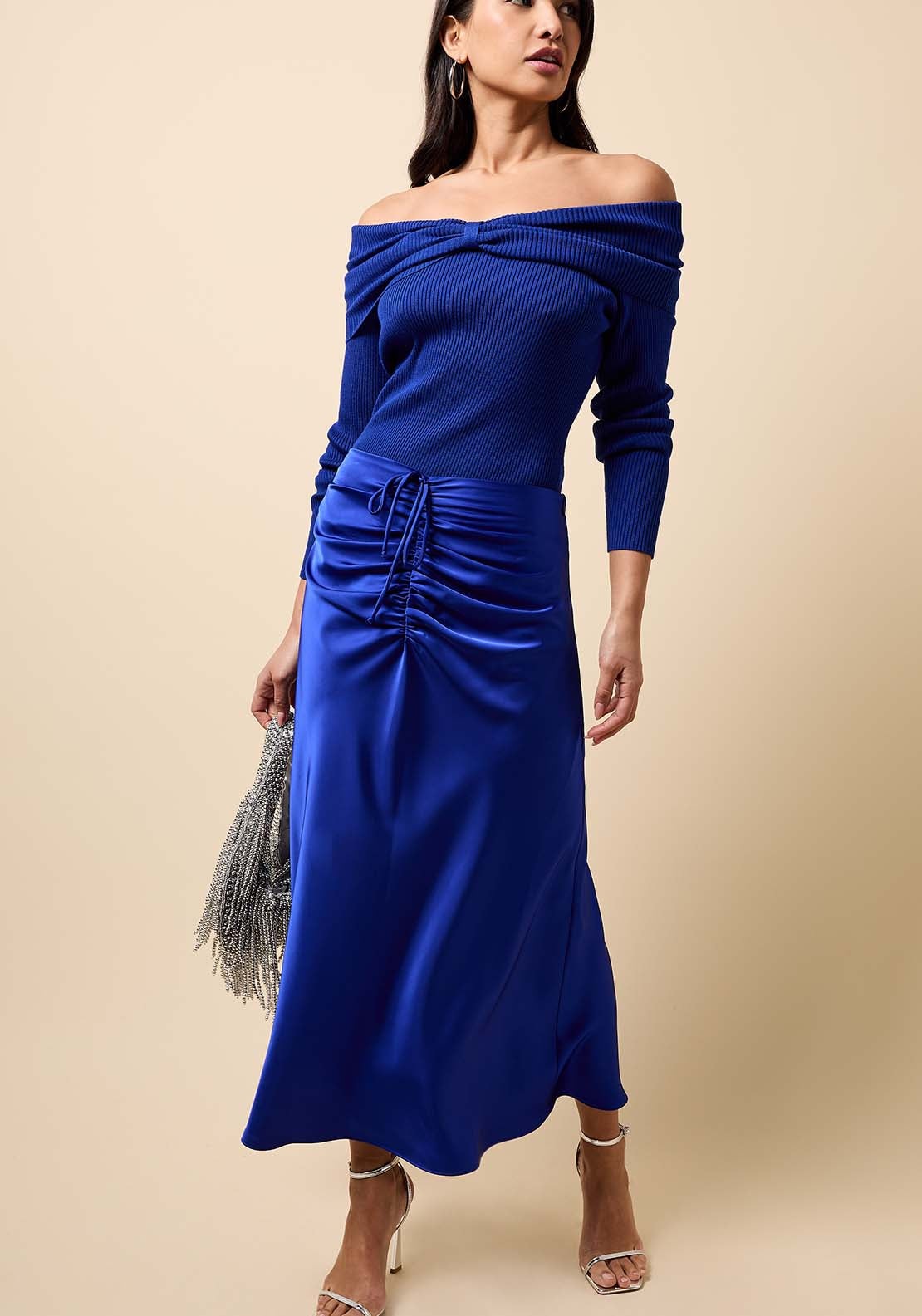 Gathered Detail Satin Midi Skirt - Blue