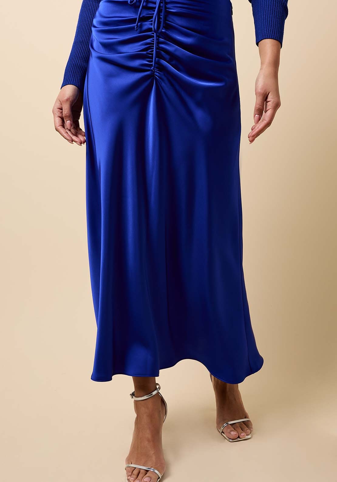 Gathered Detail Satin Midi Skirt - Blue