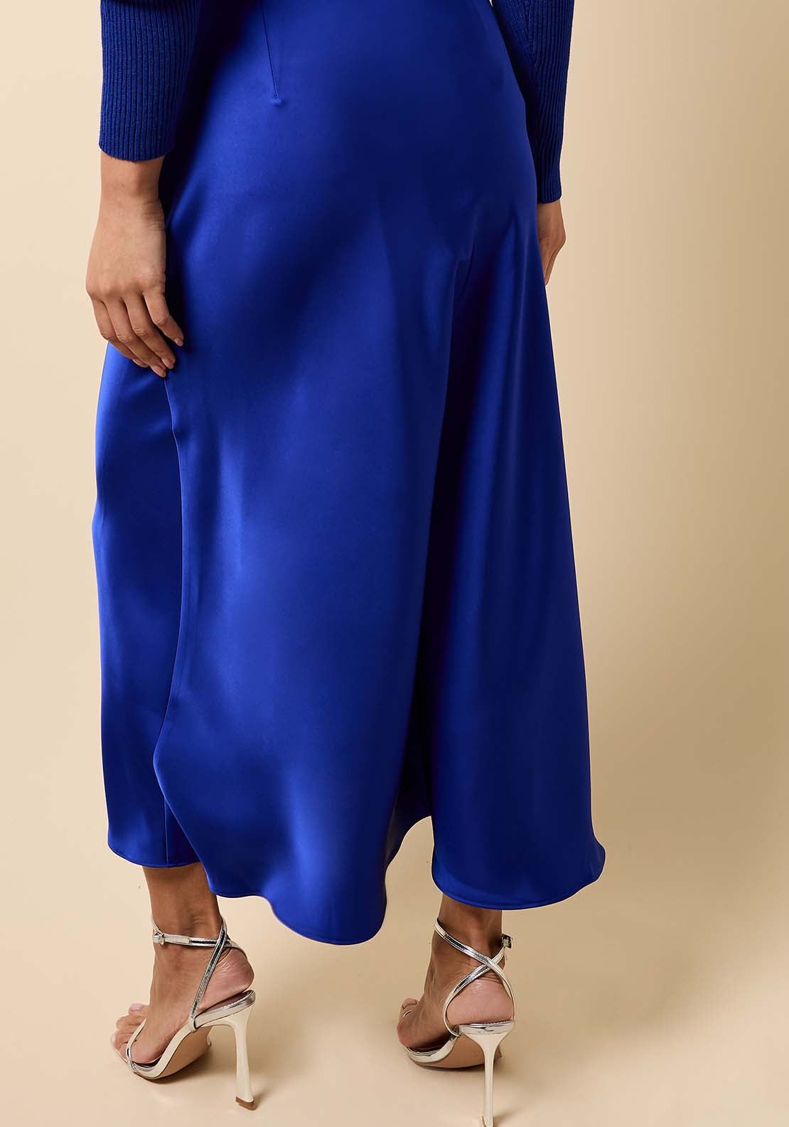 Gathered Detail Satin Midi Skirt - Blue