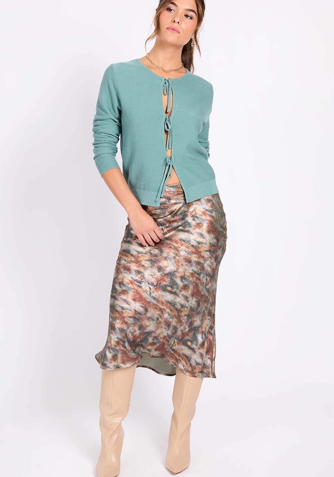 Little Mistress Sage Tie Up Cardigan - Sage 2 Shaws Department Stores