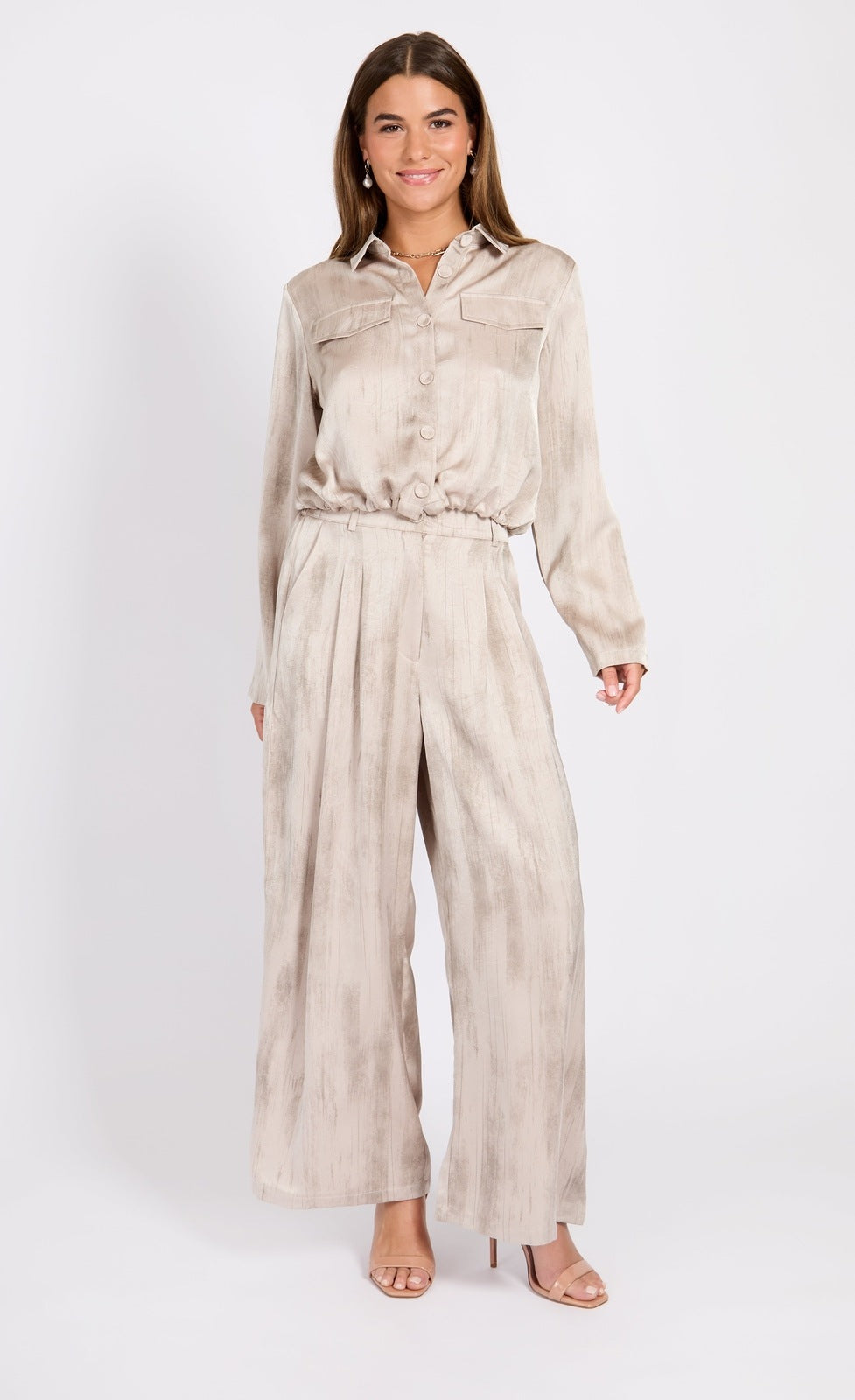 Little Mistress Oyster Satin Trousers - Mushroom 1 Shaws Department Stores