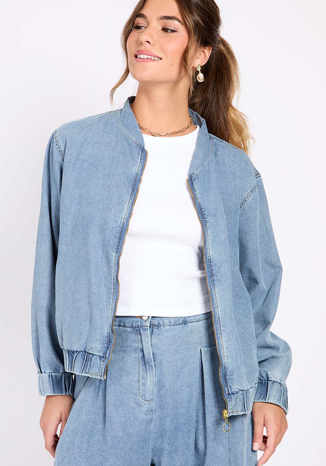 Little Mistress Blue Denim Bomber Jacket - Blue 2 Shaws Department Stores