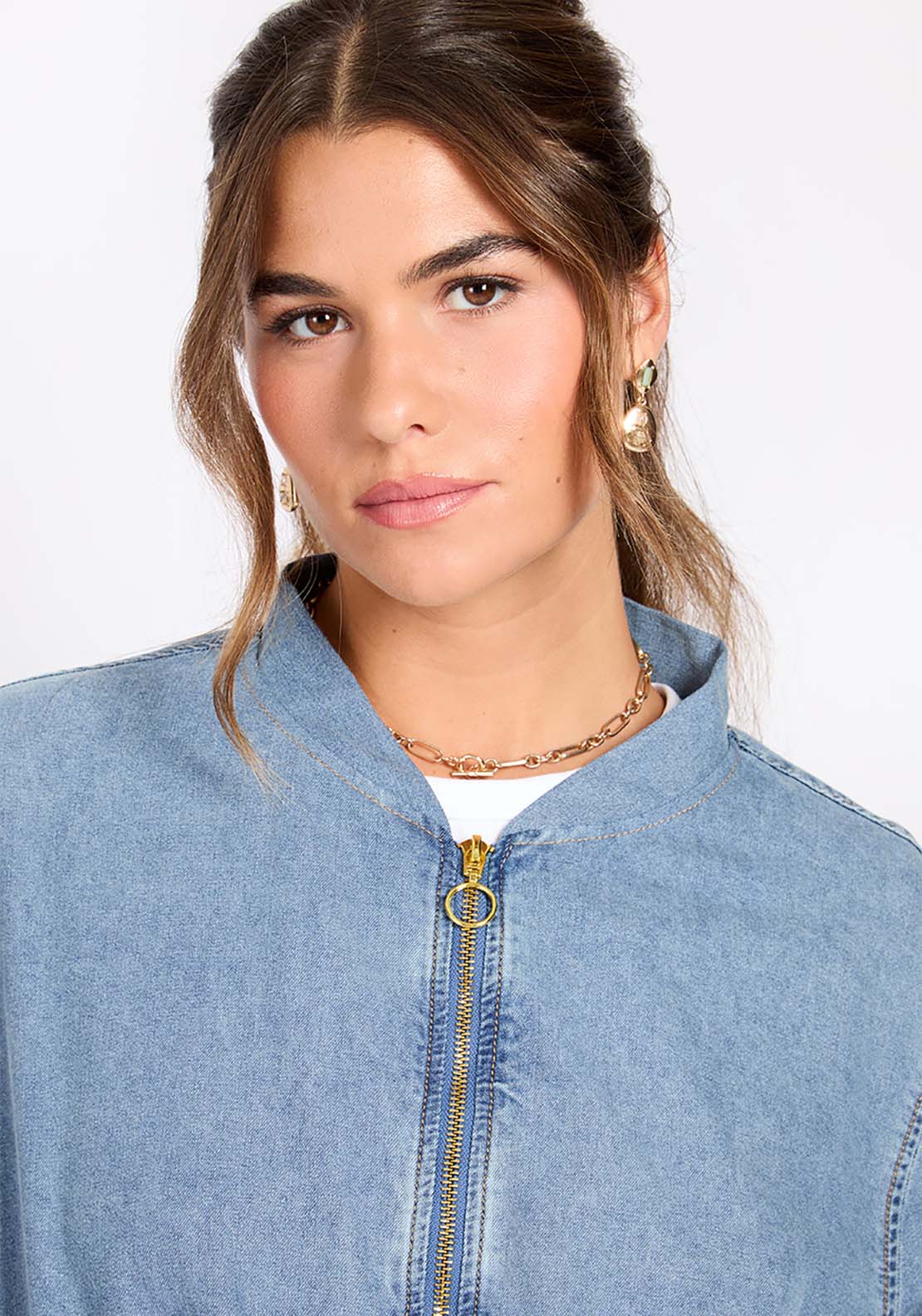 Little Mistress Blue Denim Bomber Jacket - Blue 3 Shaws Department Stores
