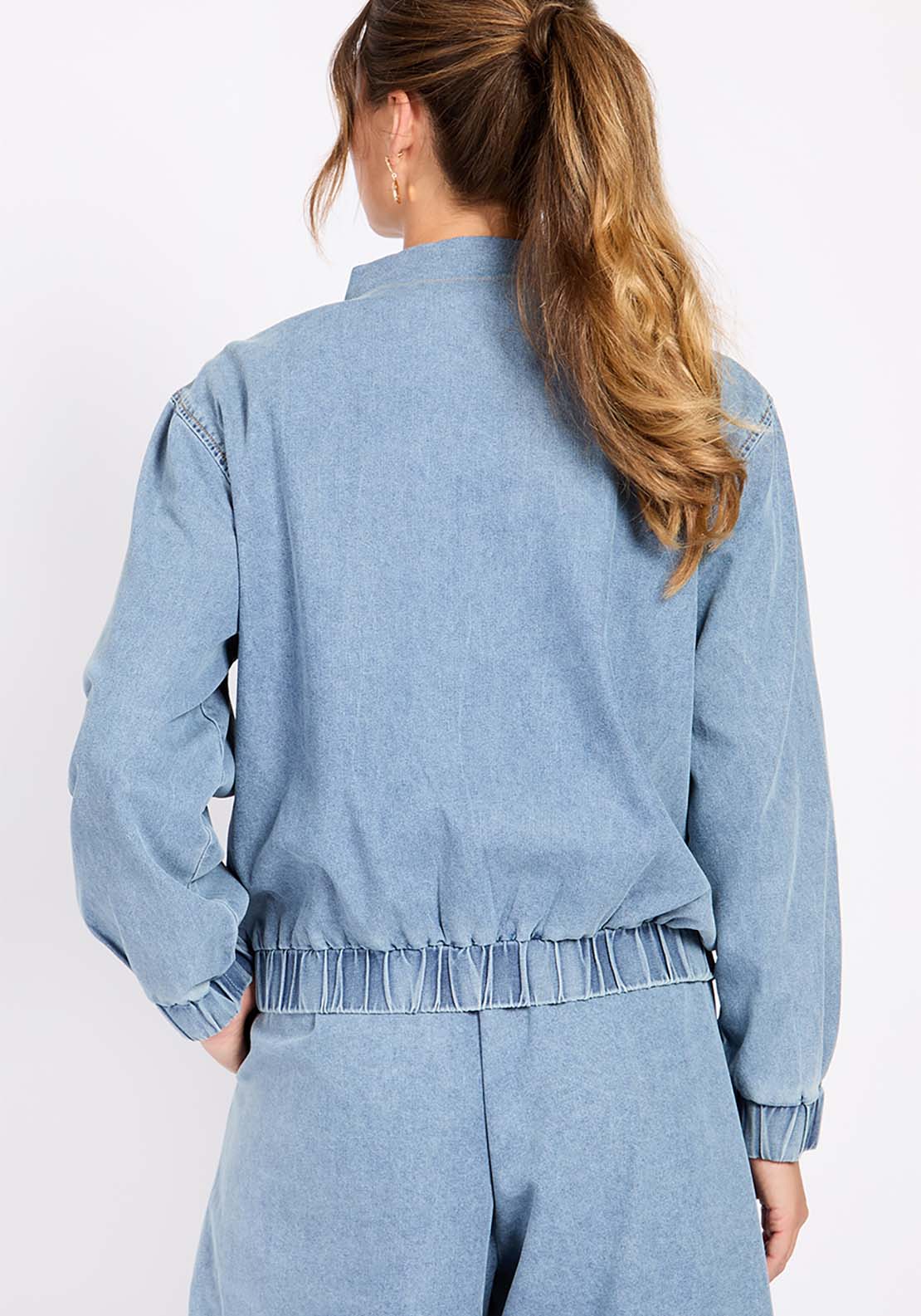 Little Mistress Blue Denim Bomber Jacket - Blue 4 Shaws Department Stores