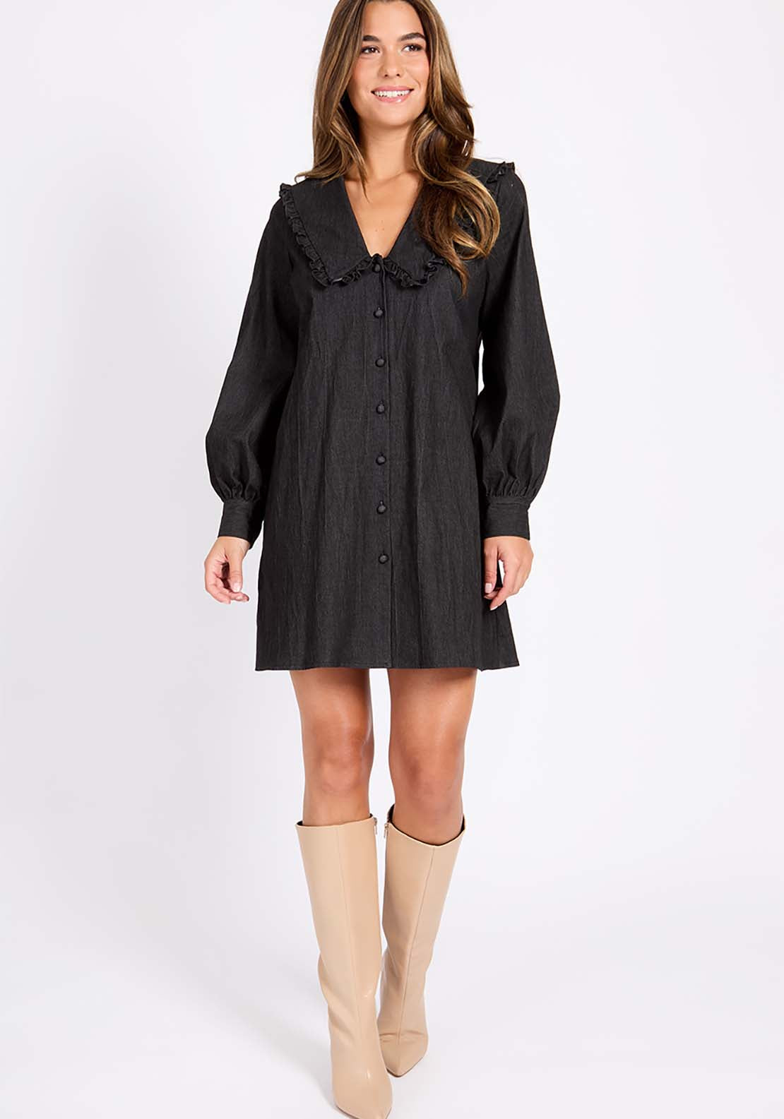 Little Mistress Black Denim Mini Dress - Black 1 Shaws Department Stores