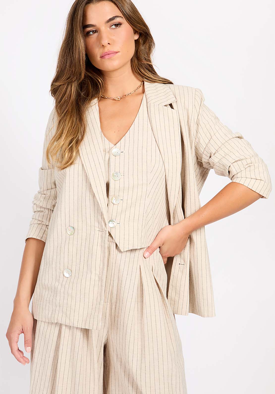 Little Mistress Striped Linen Blazer - Oatmeal 1 Shaws Department Stores