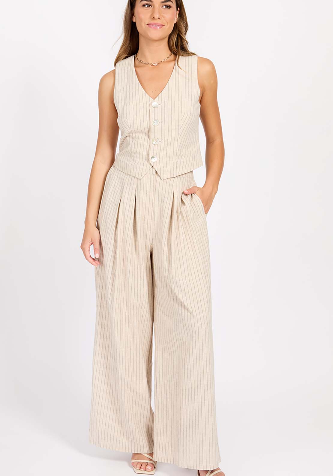 Little Mistress Striped Linen Waistcoat - Oatmeal 4 Shaws Department Stores