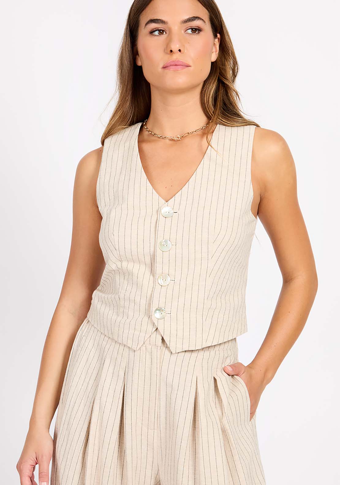 Little Mistress Striped Linen Waistcoat - Oatmeal 1 Shaws Department Stores