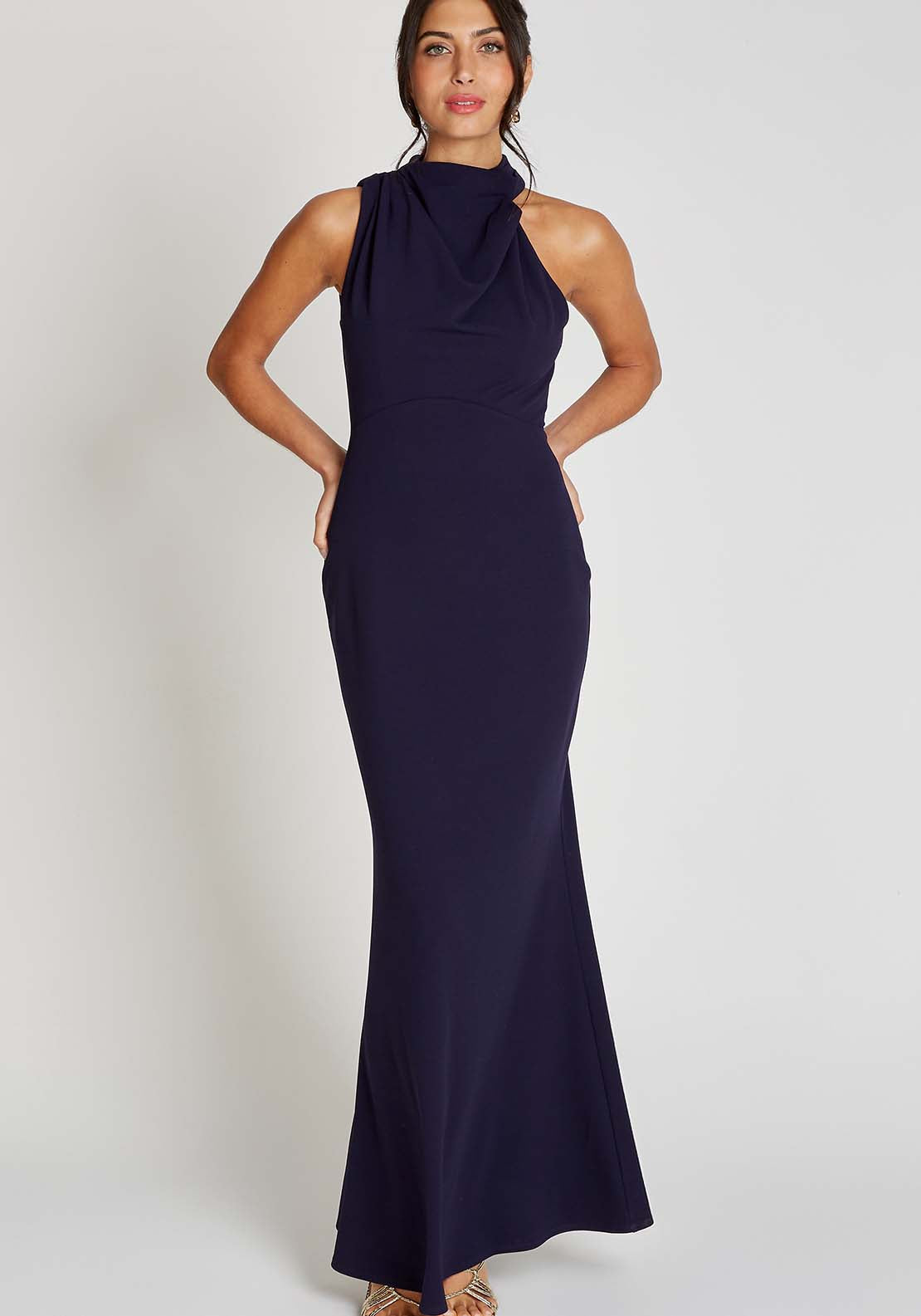 Little Mistress Navy Drape High Neck Maxi Dress - Blue 1 Shaws Department Stores