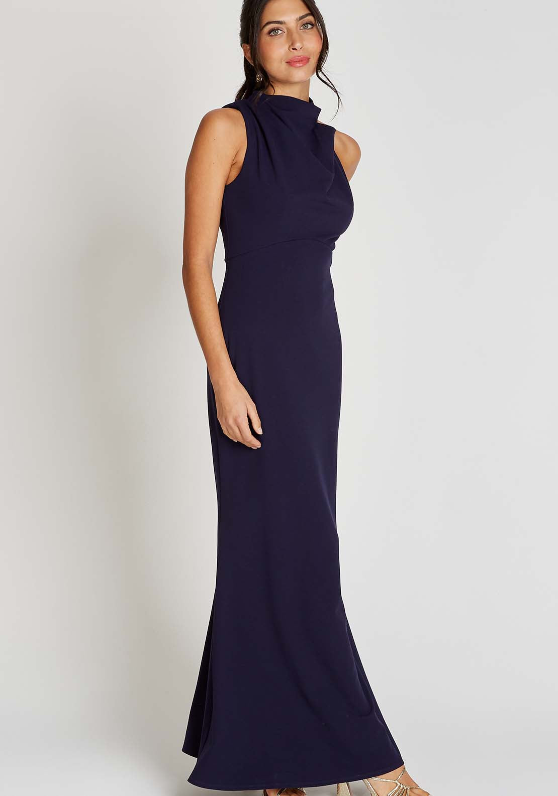 Little Mistress Navy Drape High Neck Maxi Dress - Blue 3 Shaws Department Stores