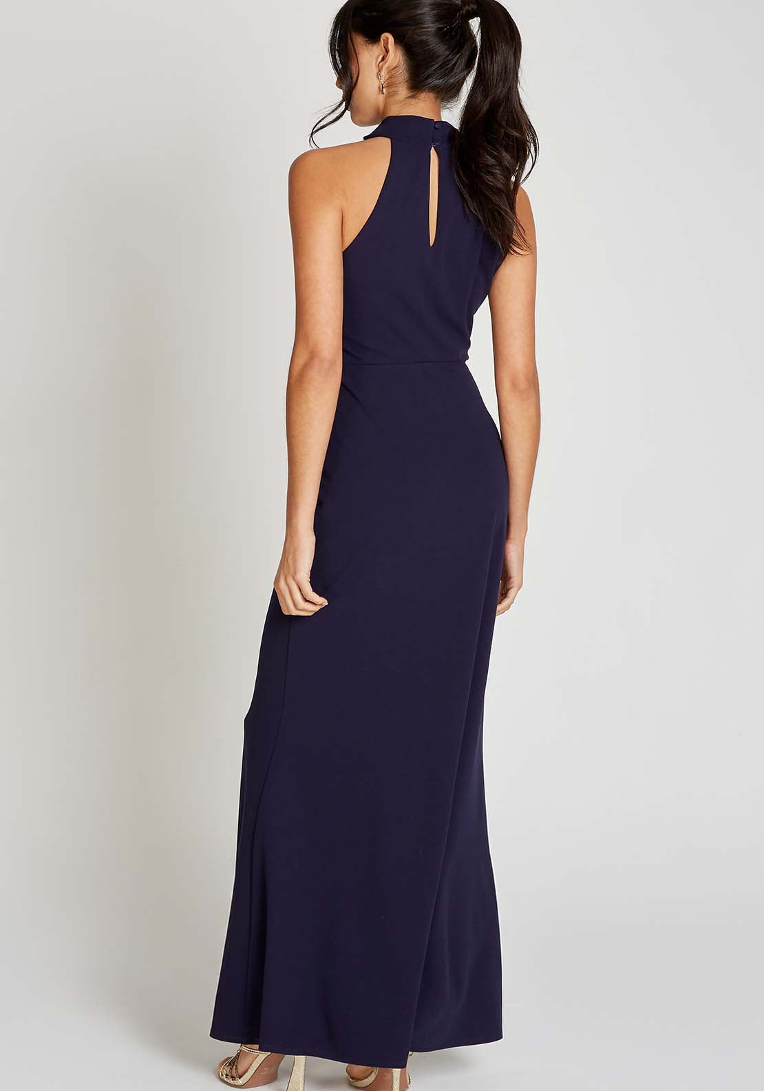 Little Mistress Navy Drape High Neck Maxi Dress - Blue 2 Shaws Department Stores