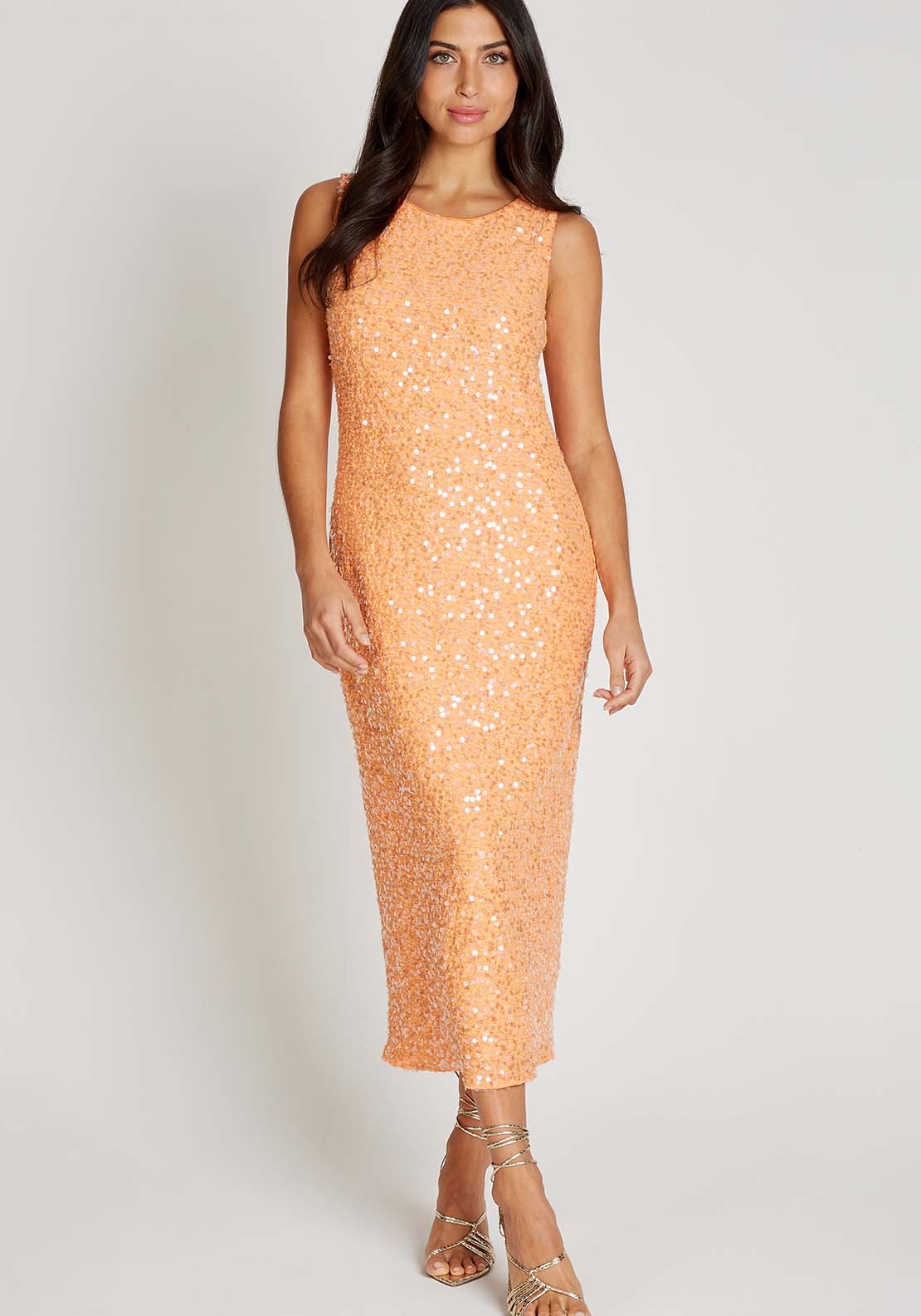 Little Mistress Orange Sequin Waffle Midi Dress - Orange 1 Shaws Department Stores