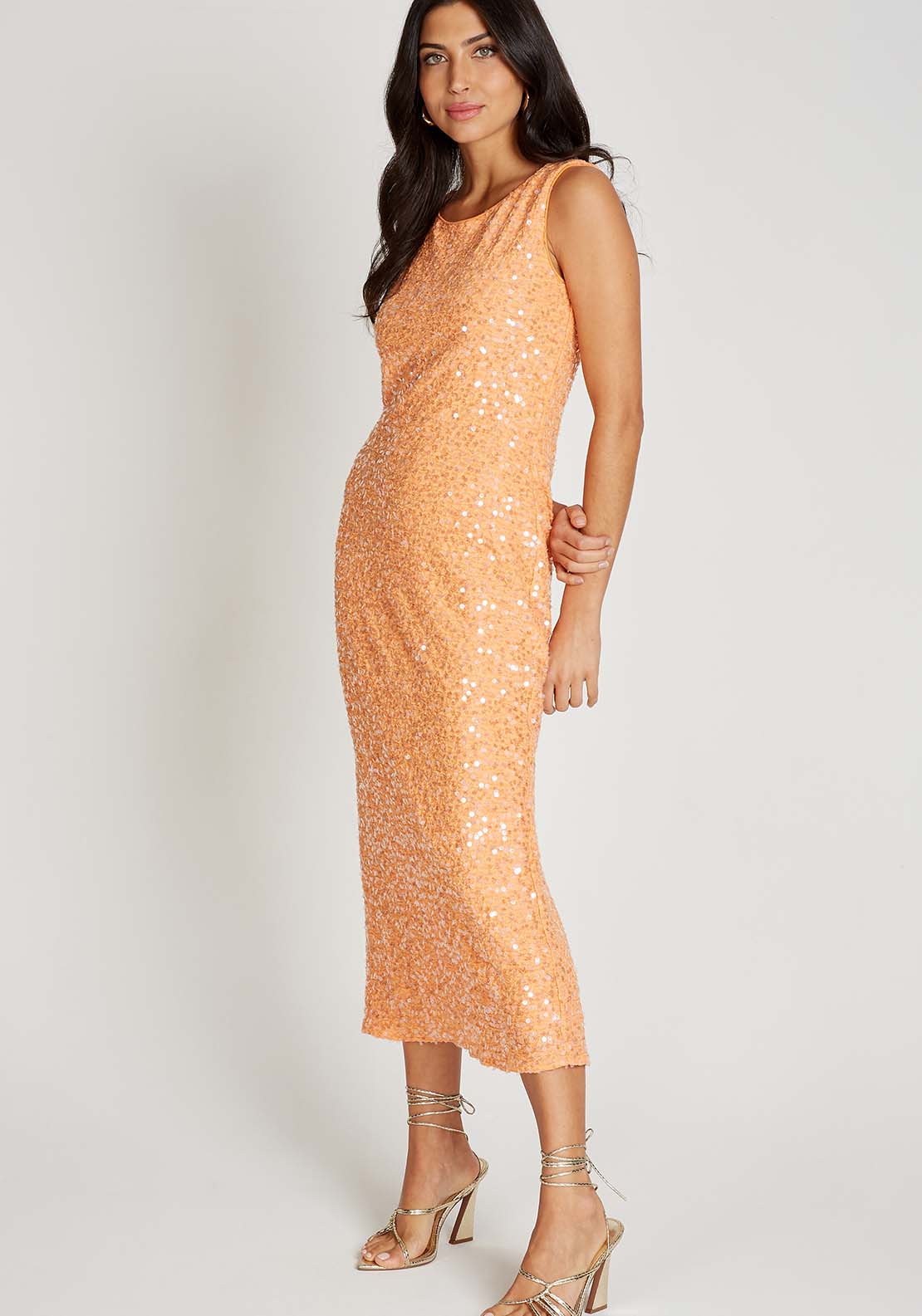 Little Mistress Orange Sequin Waffle Midi Dress - Orange 3 Shaws Department Stores