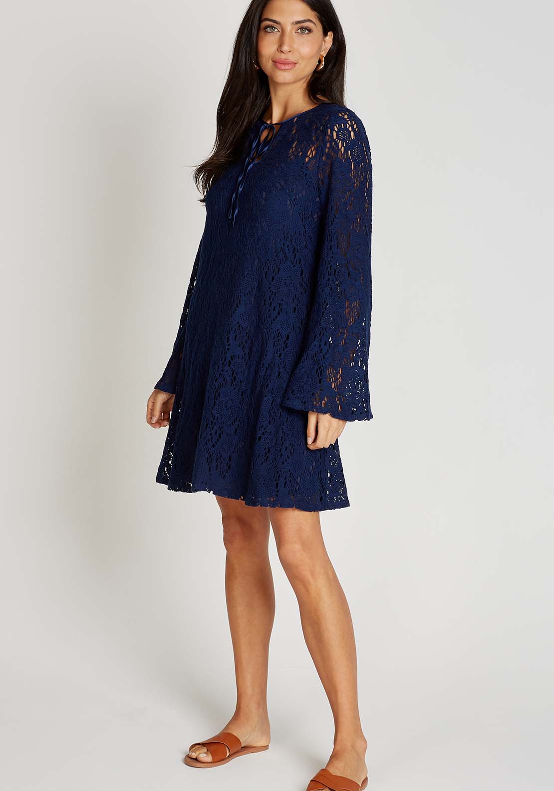 Little Mistress Navy Crochet Mini Dress - Blue 3 Shaws Department Stores