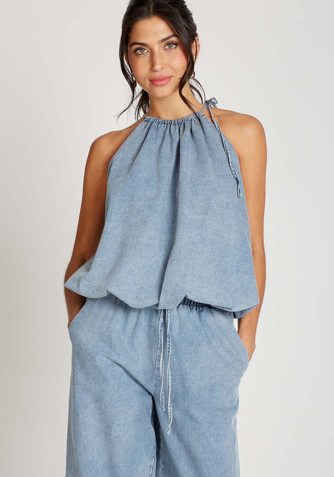 Little Mistress Blue Denim Halter Neck Top - Blue Denim 1 Shaws Department Stores