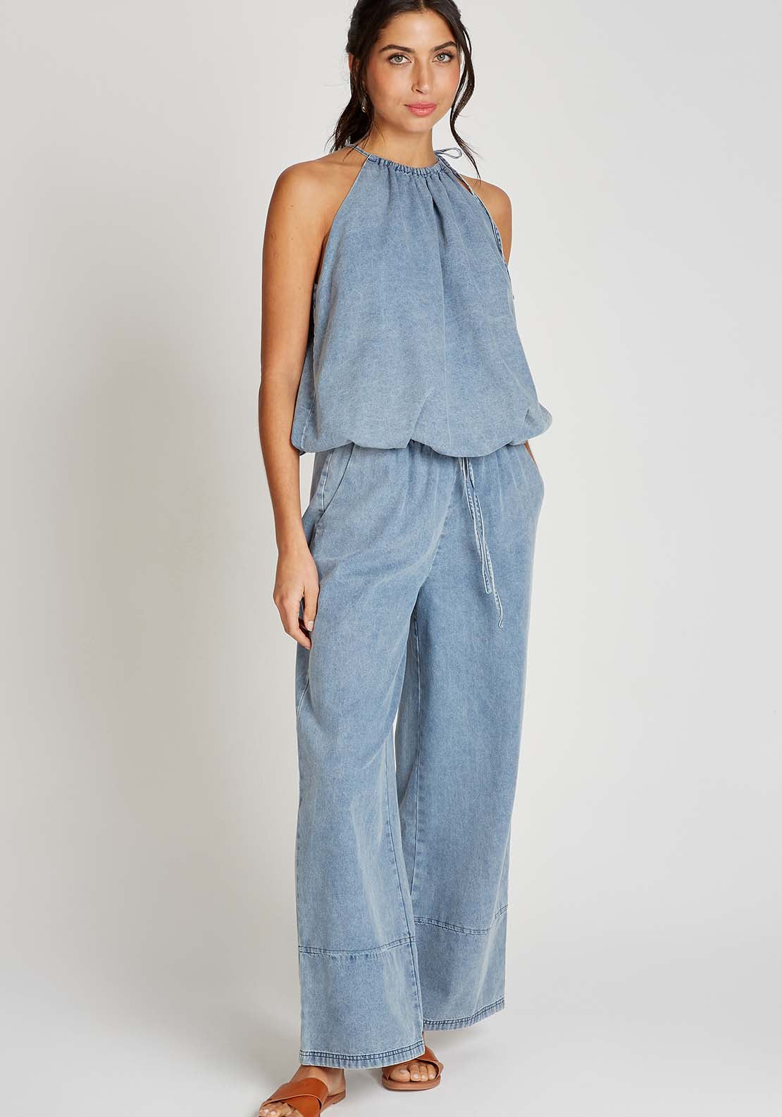 Little Mistress Blue Denim Wide Leg Trousers - Blue Denim 4 Shaws Department Stores