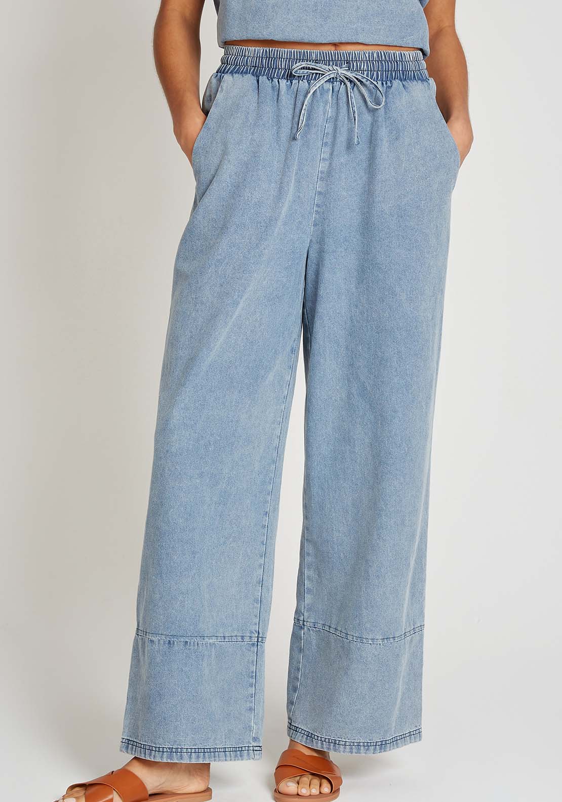 Little Mistress Blue Denim Wide Leg Trousers - Blue Denim 1 Shaws Department Stores