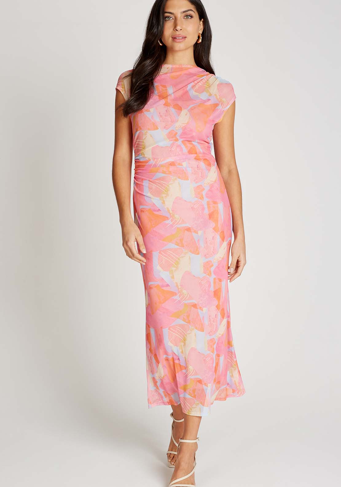 Little Mistress Pink Print Mesh Midaxi Dress - Pink Print 1 Shaws Department Stores