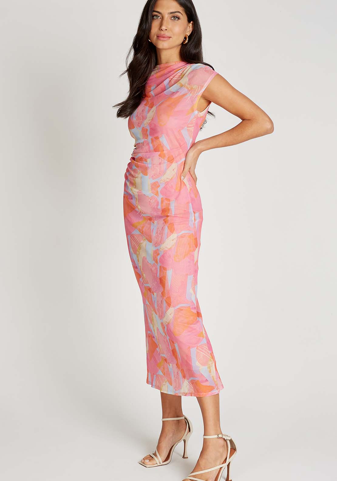Little Mistress Pink Print Mesh Midaxi Dress - Pink Print 3 Shaws Department Stores