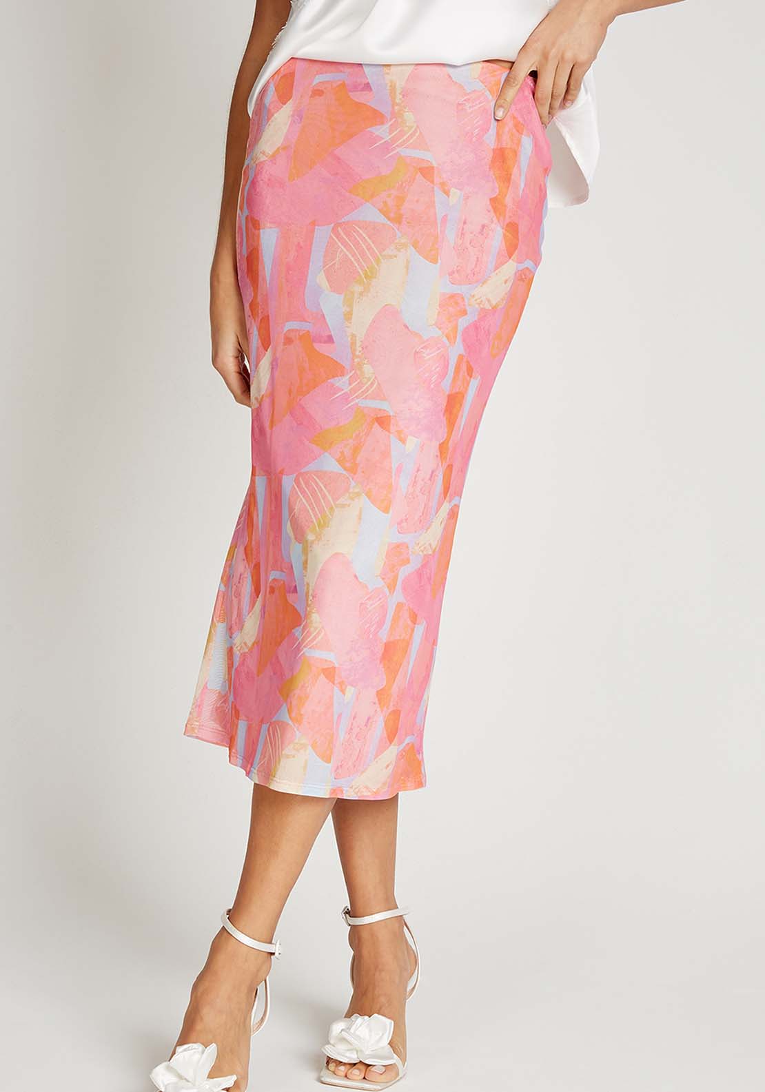 Little Mistress Pink Print Mesh Midi Skirt - Pink Print 4 Shaws Department Stores
