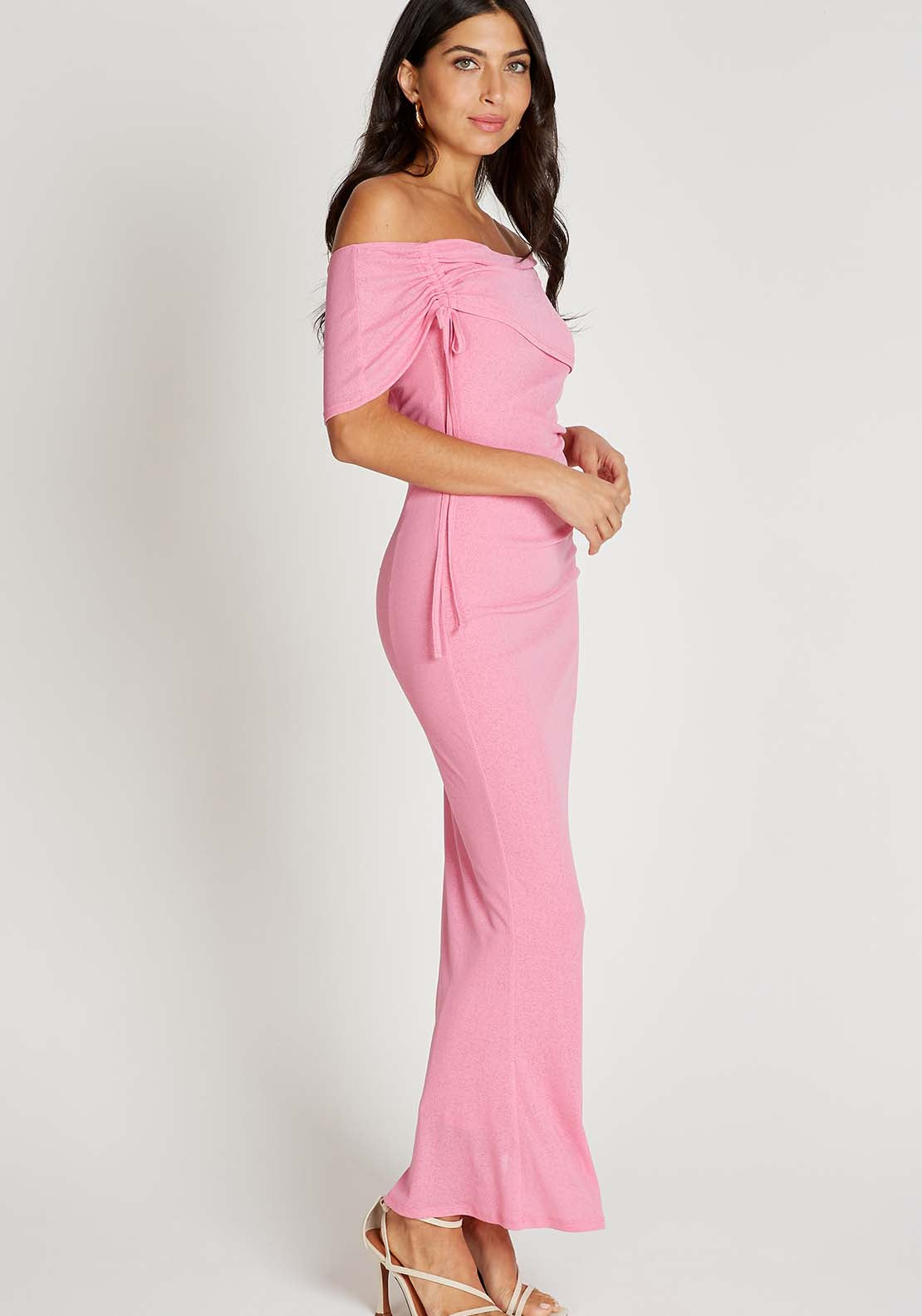Little Mistress Pink Light Knit Bardot Midi Dress - Light Pink 3 Shaws Department Stores